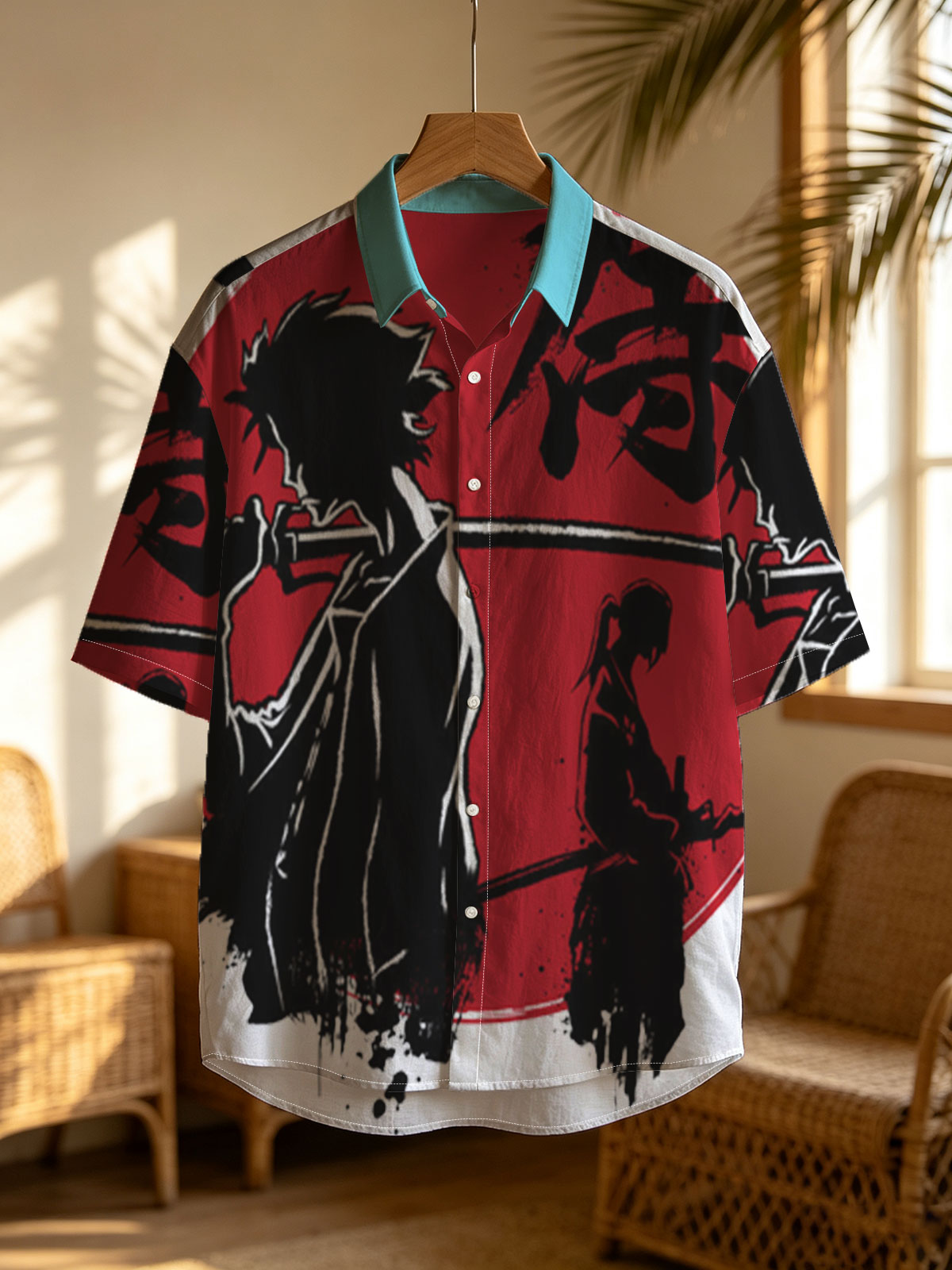 Samurai Silhouettes with Katana Against Red Moon Background -  Shirt