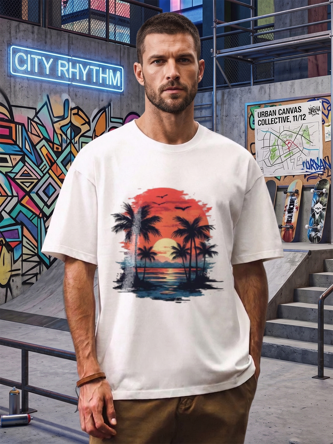 Men's Printed T-Shirt Tropical Sunset Palm Trees Design Casual Round Neck Summer Lightweight Breathable Short Sleeve T-Shirt for Beach Vacation Outdoor Activities Adults