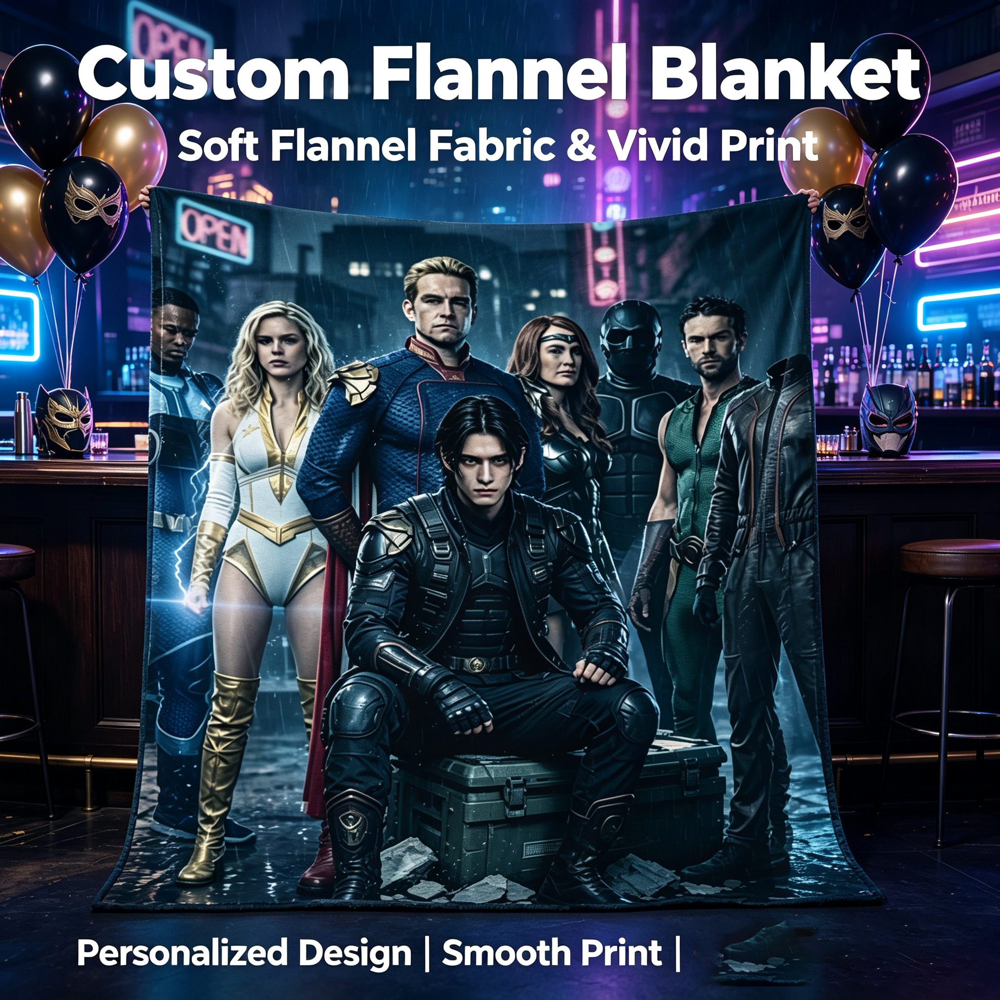 Custom Face Blanket The Boys Superhero Team Flannel Blanket Cozy Living Room Gift for Fans and Collectors