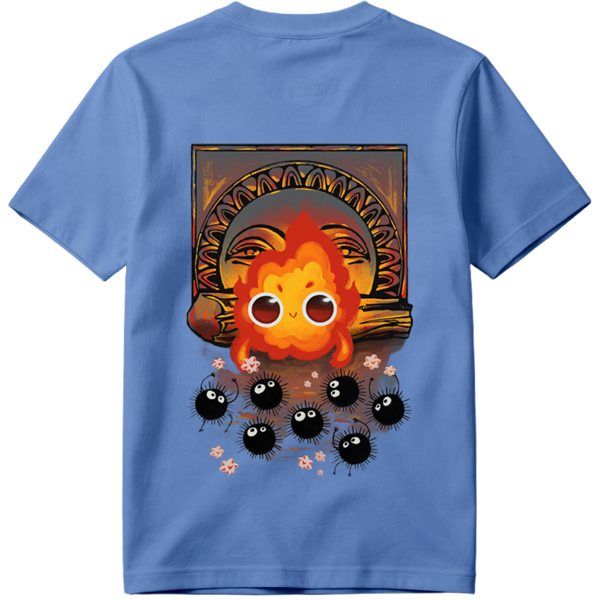 Cute Flame Character with Black Spiky Creatures and Ancient Mask Background - Tee