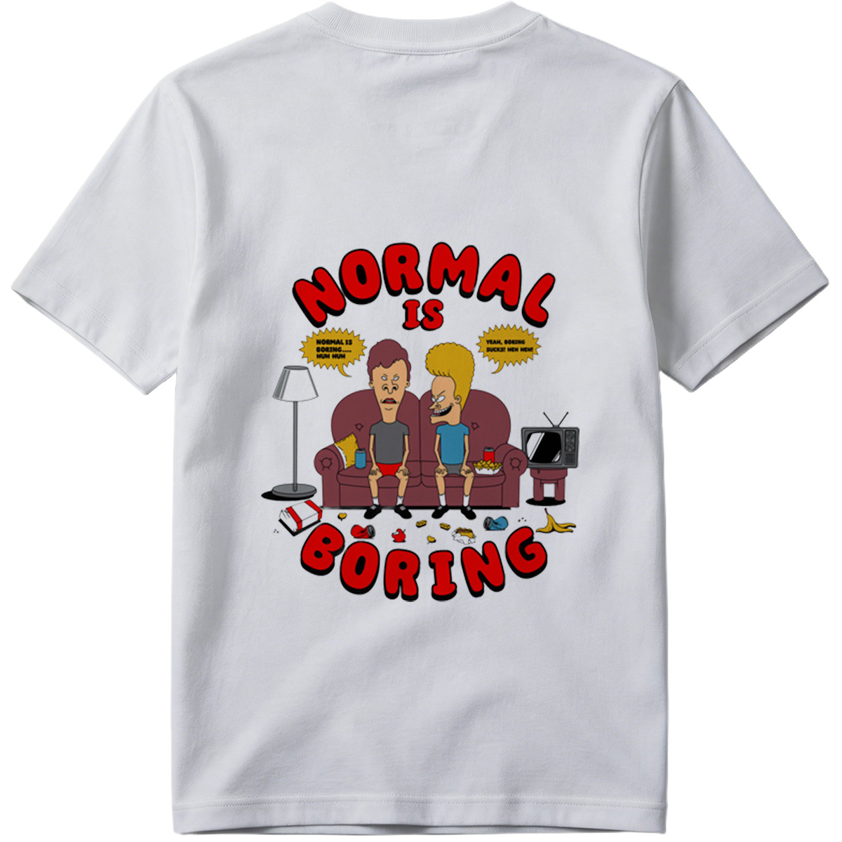 Normal Is Boring: Two Cartoon Characters on Couch with Chaos Around - Tee