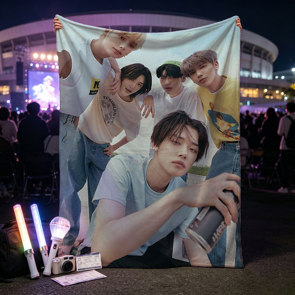 TXT Members in Casual Outfit Pose Outdoors with Cans and Expressive Gestures - Blankets