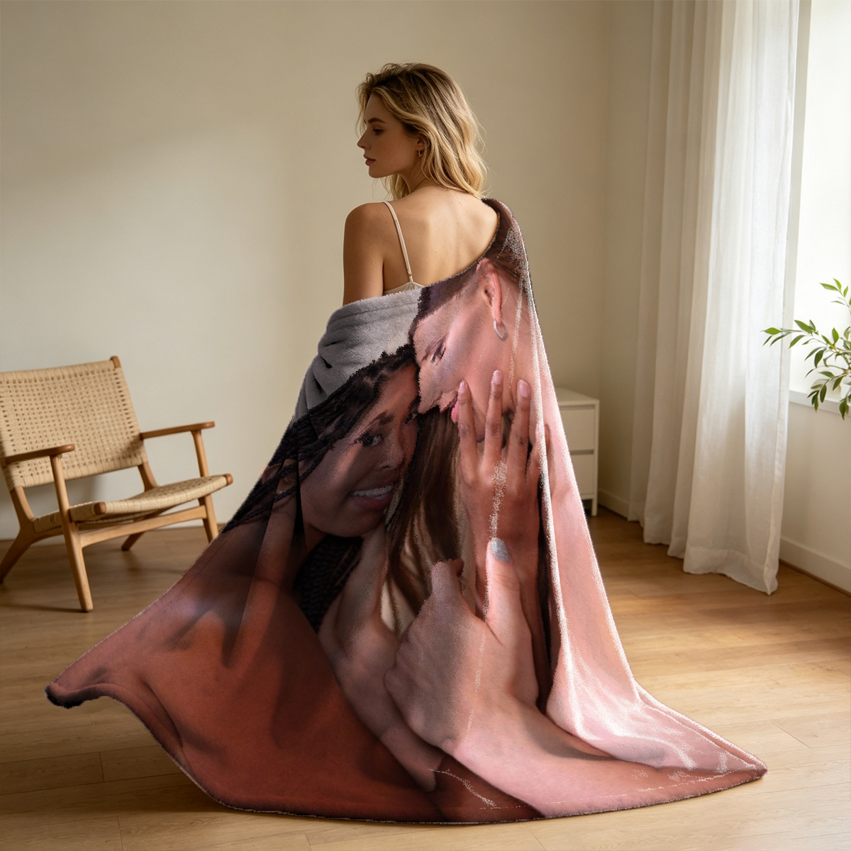 Chinese Beauty in Traditional Red Paper Art Pose - Blanket