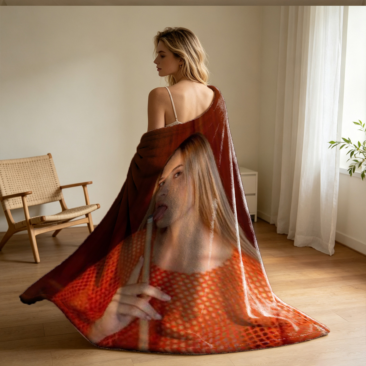 Nude blonde woman covering breasts in forest outdoors - Blanket