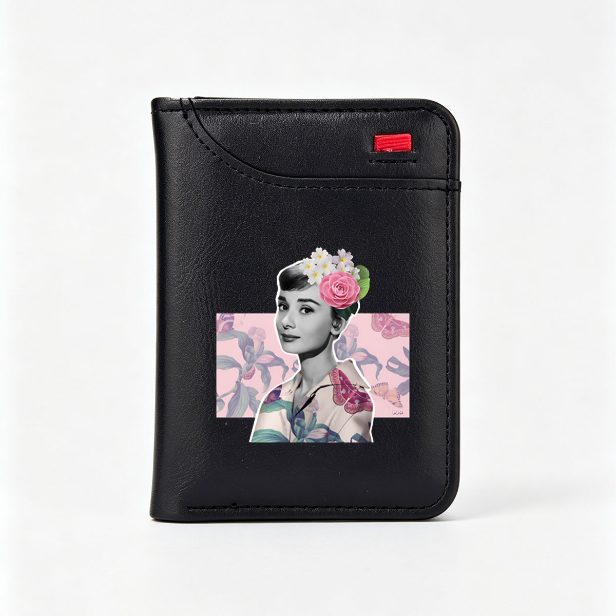 Audrey Hepburn with Floral Crown and Butterfly Patterned Shirt - Vertical Style Wallet