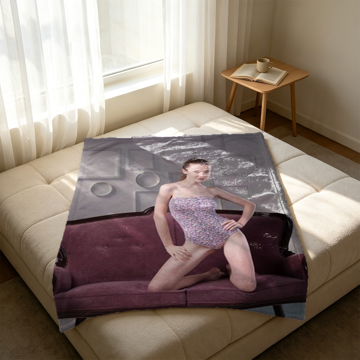 Brunette in sheer black lace lingerie sitting outdoors on wicker chair. - Blanket