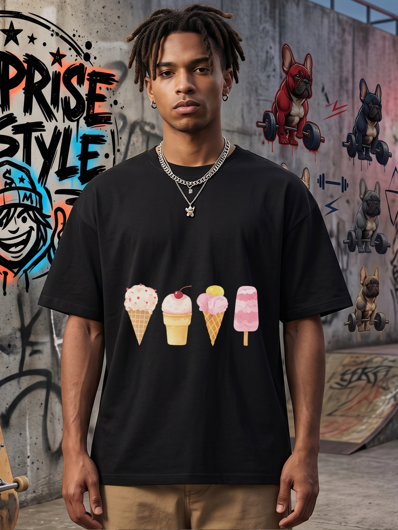 Men's Ice Cream Print T-Shirt Featuring Colorful Cone and Pop Design, Casual Round Neck Lightweight Breathable Summer Short Sleeve Tee for Daily Wear, Beach, Outdoor Activities, Perfect for Young Adults and Trendy Men