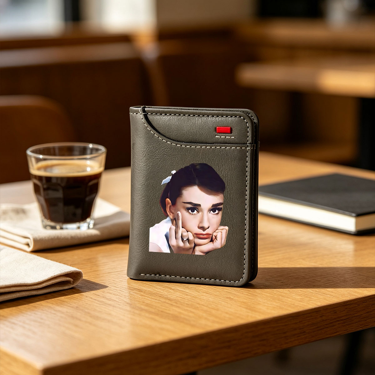 Audrey Hepburn in a classic pose with elegant makeup and a white bow in her hair - Vertical Style Wallet