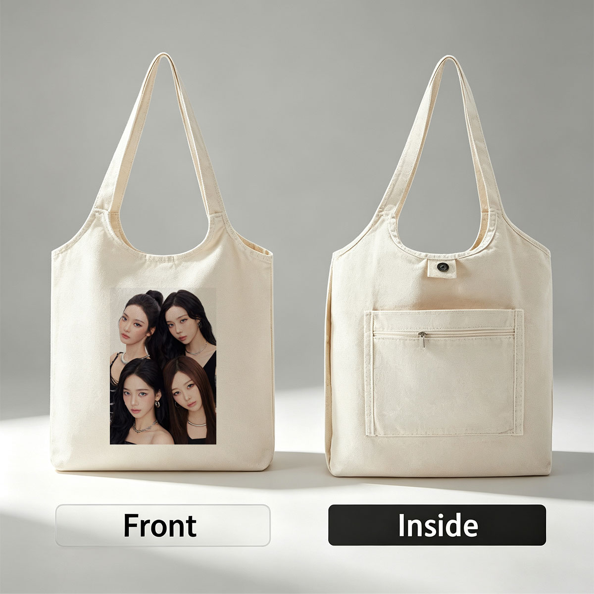 Aespa Members in a Close-Up Group Portrait with Elegant Black Outfits and Stylish Jewelry - Canvas shoulder bags/