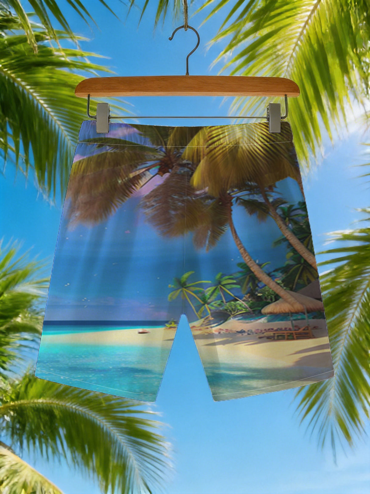 Tropical Beach with Palm Trees and Crystal Clear Water -  Beach shorts