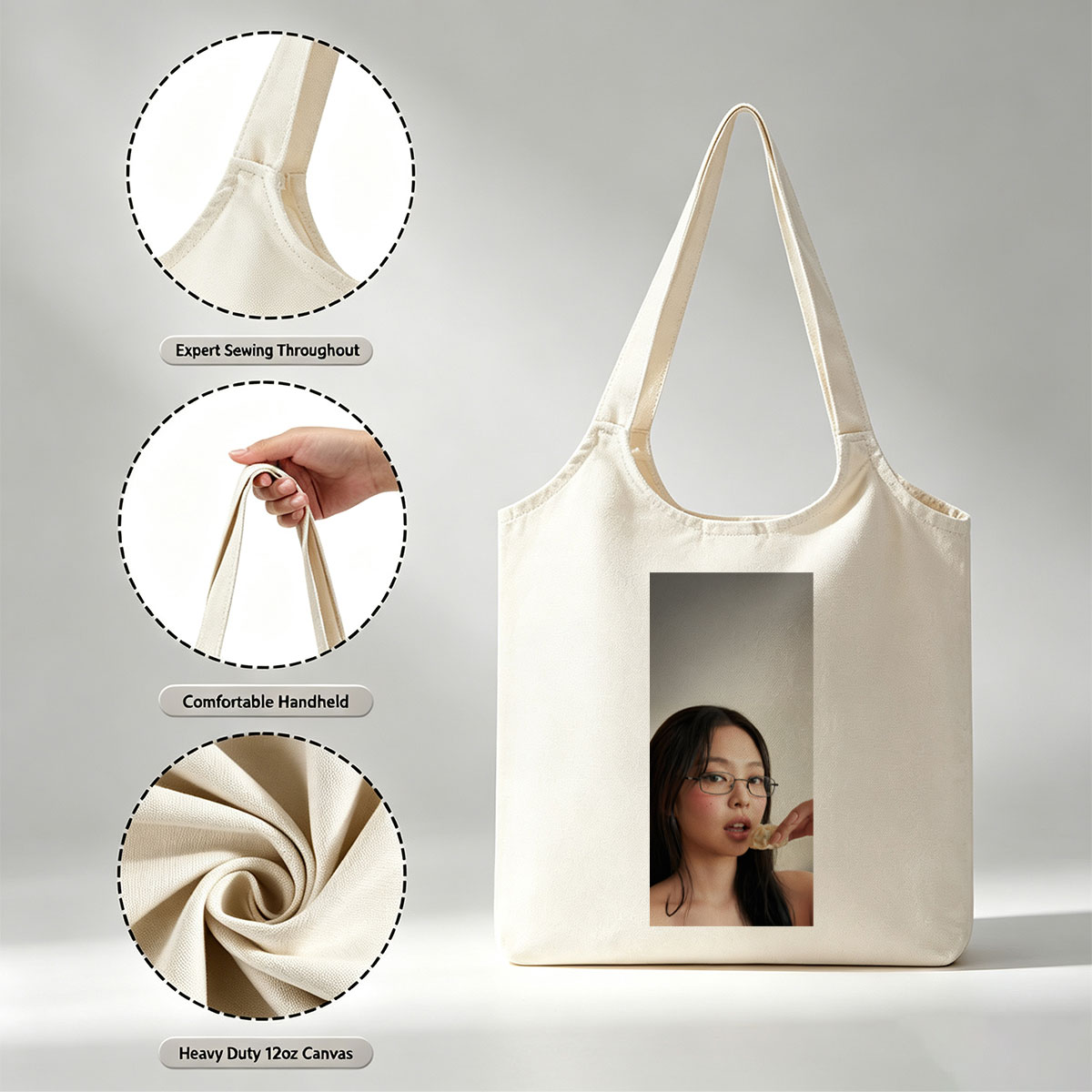 Jennie Kim Eating a Dumpling in a Minimalist Portrait - Canvas shoulder bags/