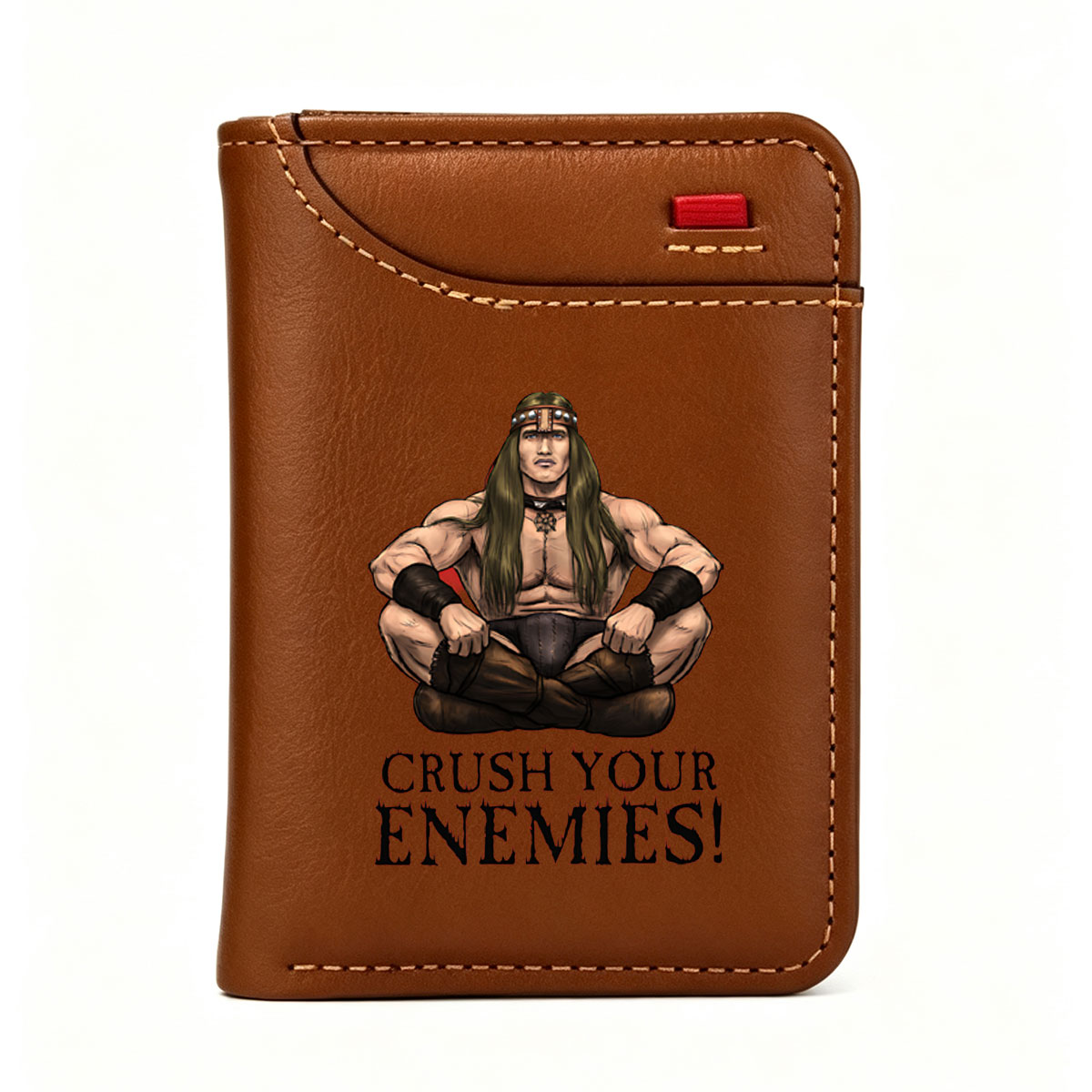 Crush Your Enemies: Muscular Warrior with Long Hair and Tribal Attire - Vertical Style Wallet