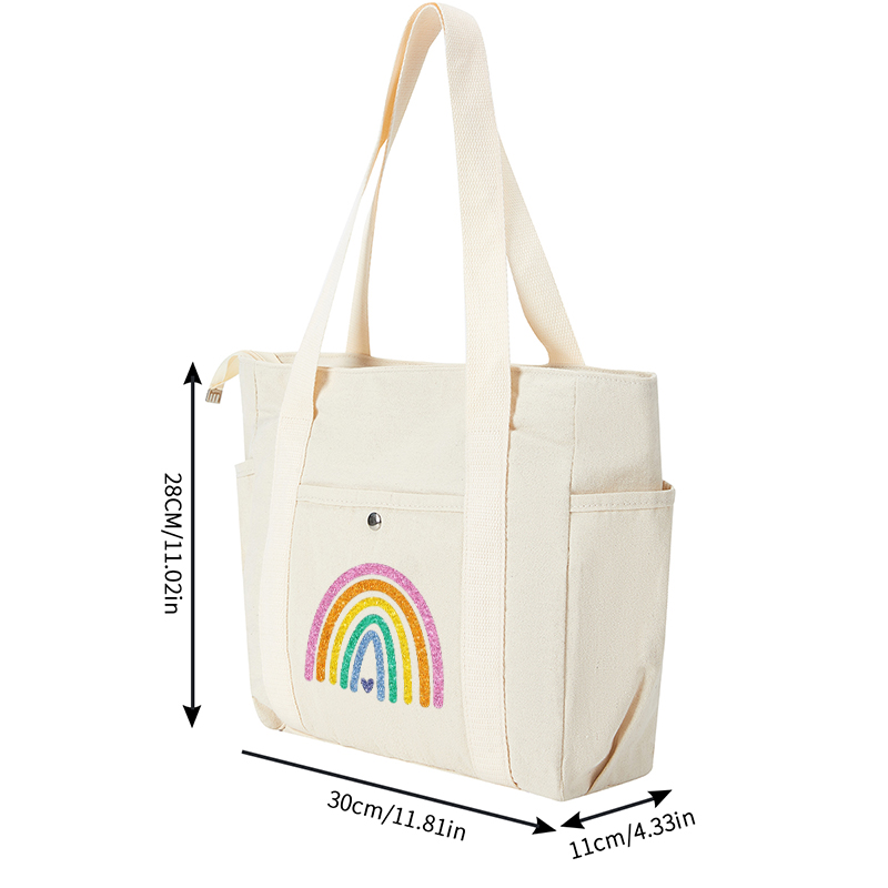 Multi Pocket Bag White with Glitter Rainbow Print and Heart Design | Practical Organized Bag for Daily Use, Travel, and Outdoor Activities | Ideal for Women, Students, and Young Professionals
