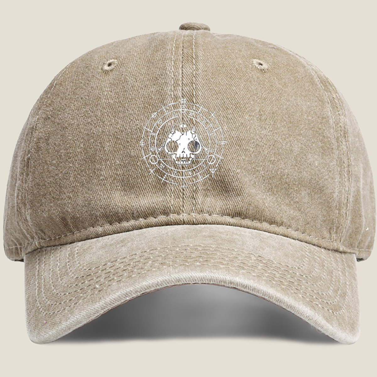 Skull with Horns and Mystical Symbols - Washed Denim - Baseball Cap