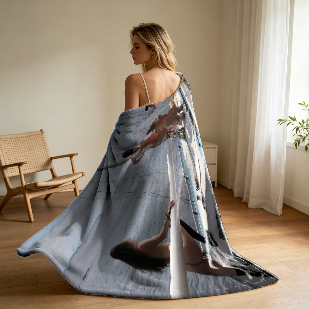 A woman in sheer black bodysuit stretching arms overhead on patterned rug. - Blanket
