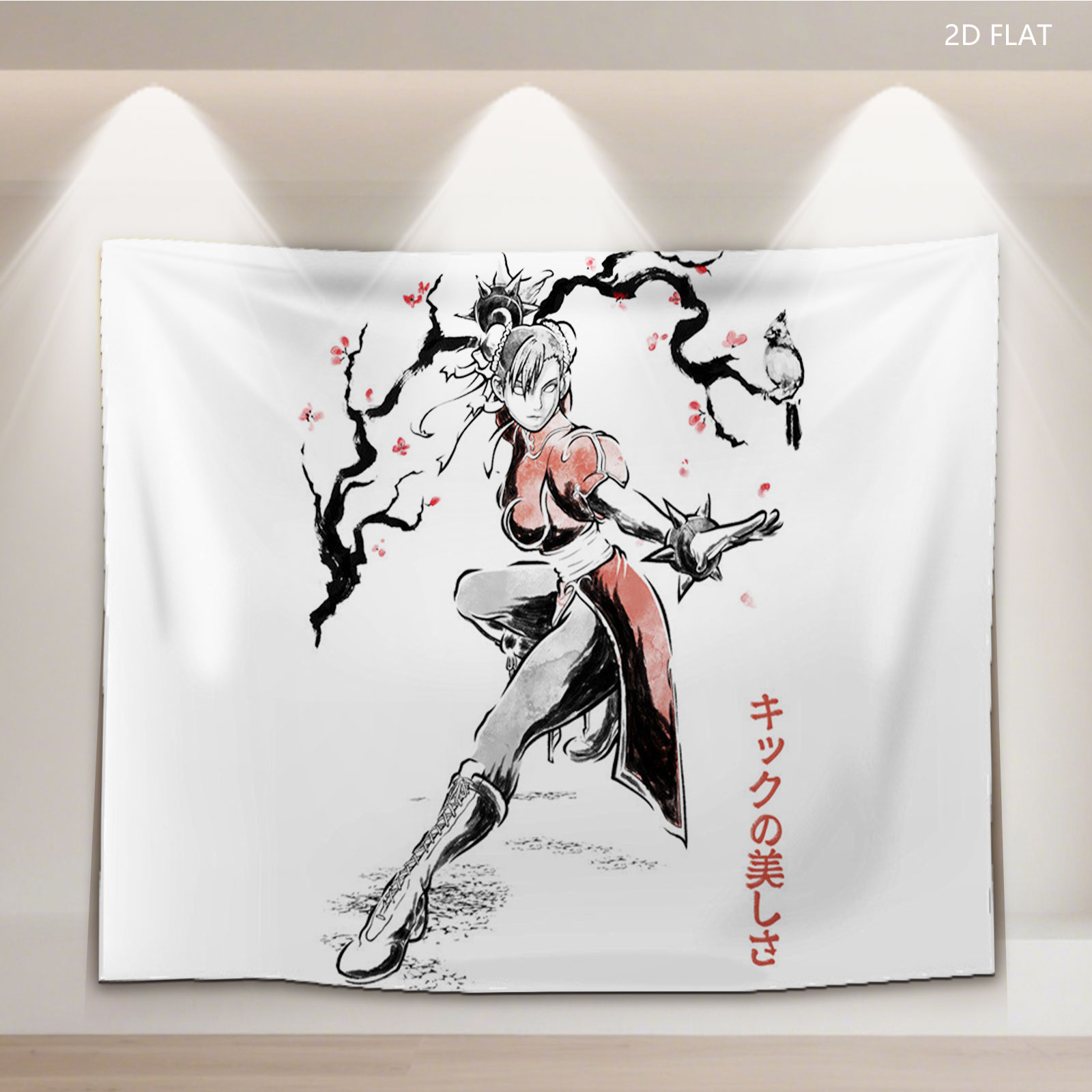 Chun-Li from Street Fighter in a dynamic kick pose with cherry blossoms and a bird, showcasing martial arts elegance - Tapestry