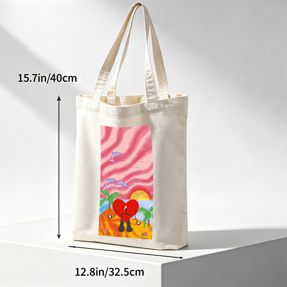 Heart Character on Tropical Beach with Dolphins and Sunset - Canvas tote bags