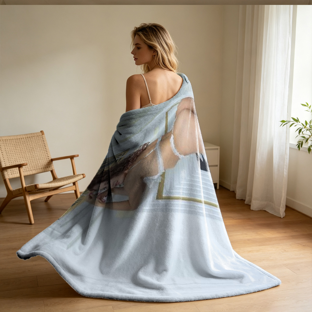Nude Brunette Sitting on Wooden Table - Blanket