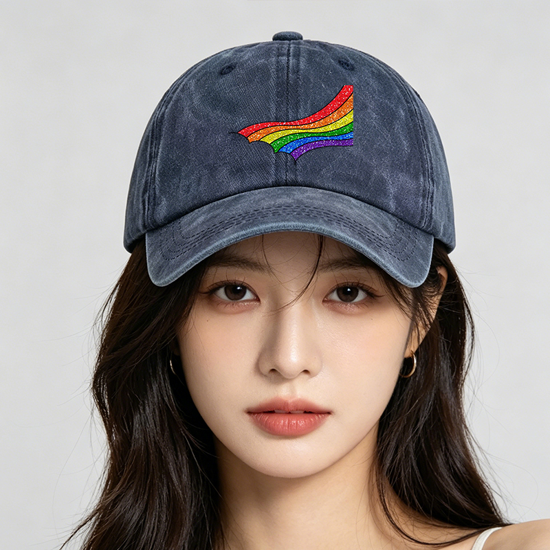 Men's Rainbow Glitter Print Washed Cap Casual Round Brim Summer Lightweight Hat for Outdoor Activities and Streetwear Fashion Adults