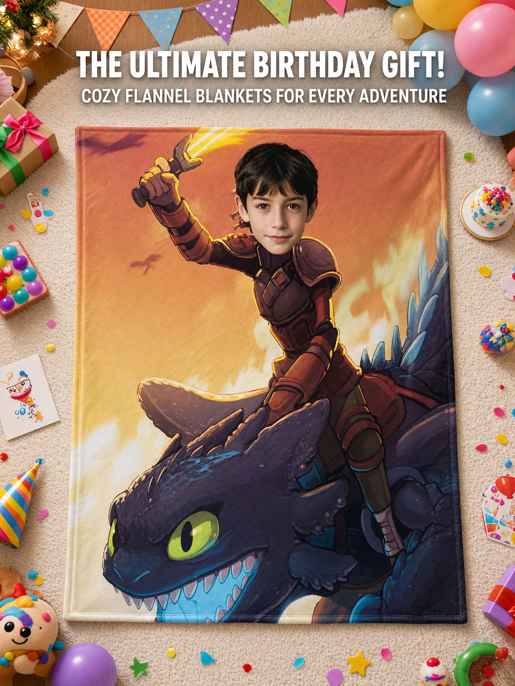 Custom Photo Dragon Rider Flannel Blanket Personalized Face Cutout Cozy Fleece Throw for Kids Boys and Fantasy Lovers