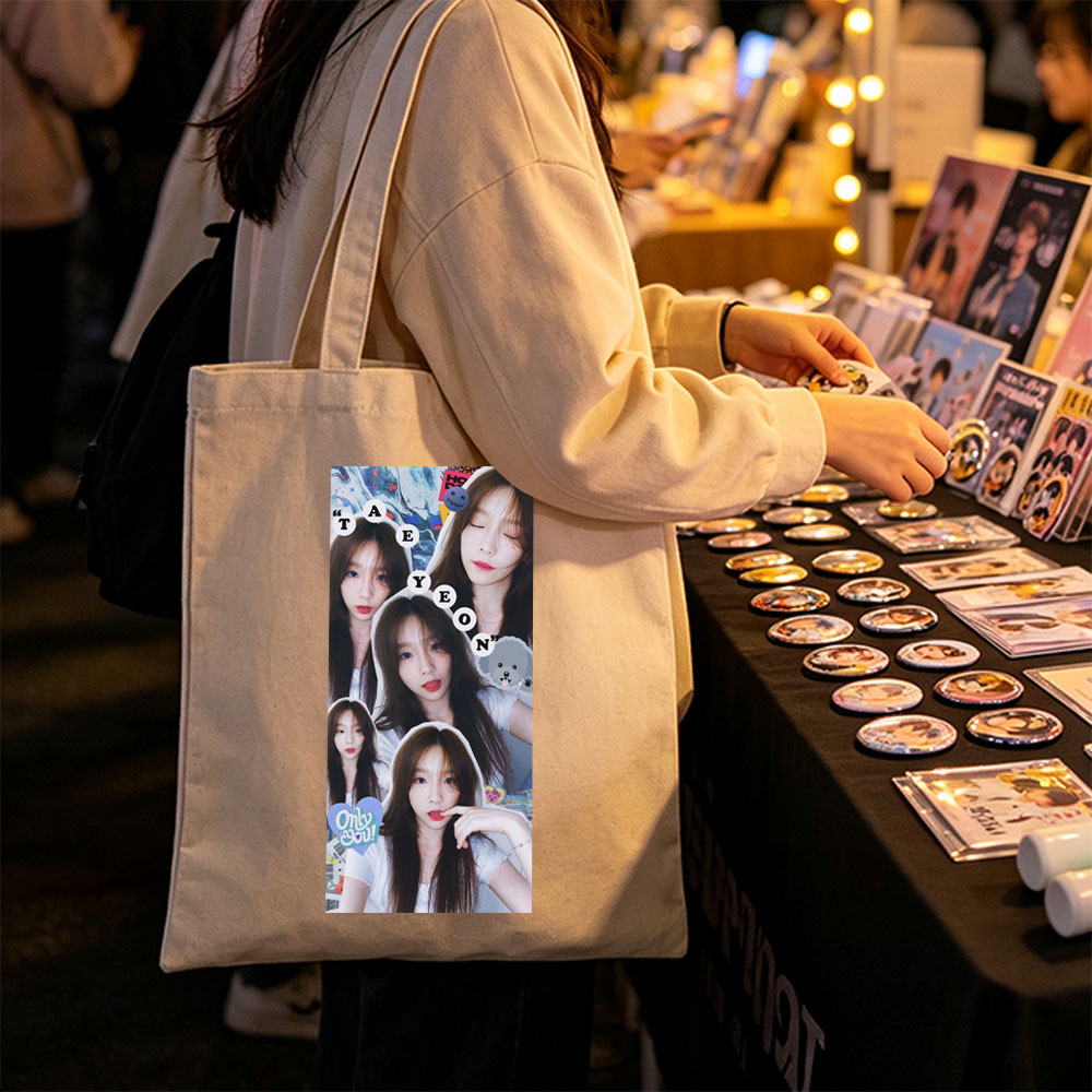 TAEYEON Collage Portrait Featuring Multiple Expressive Selfies with Playful Stickers and Text Overlay - Canvas tote bags