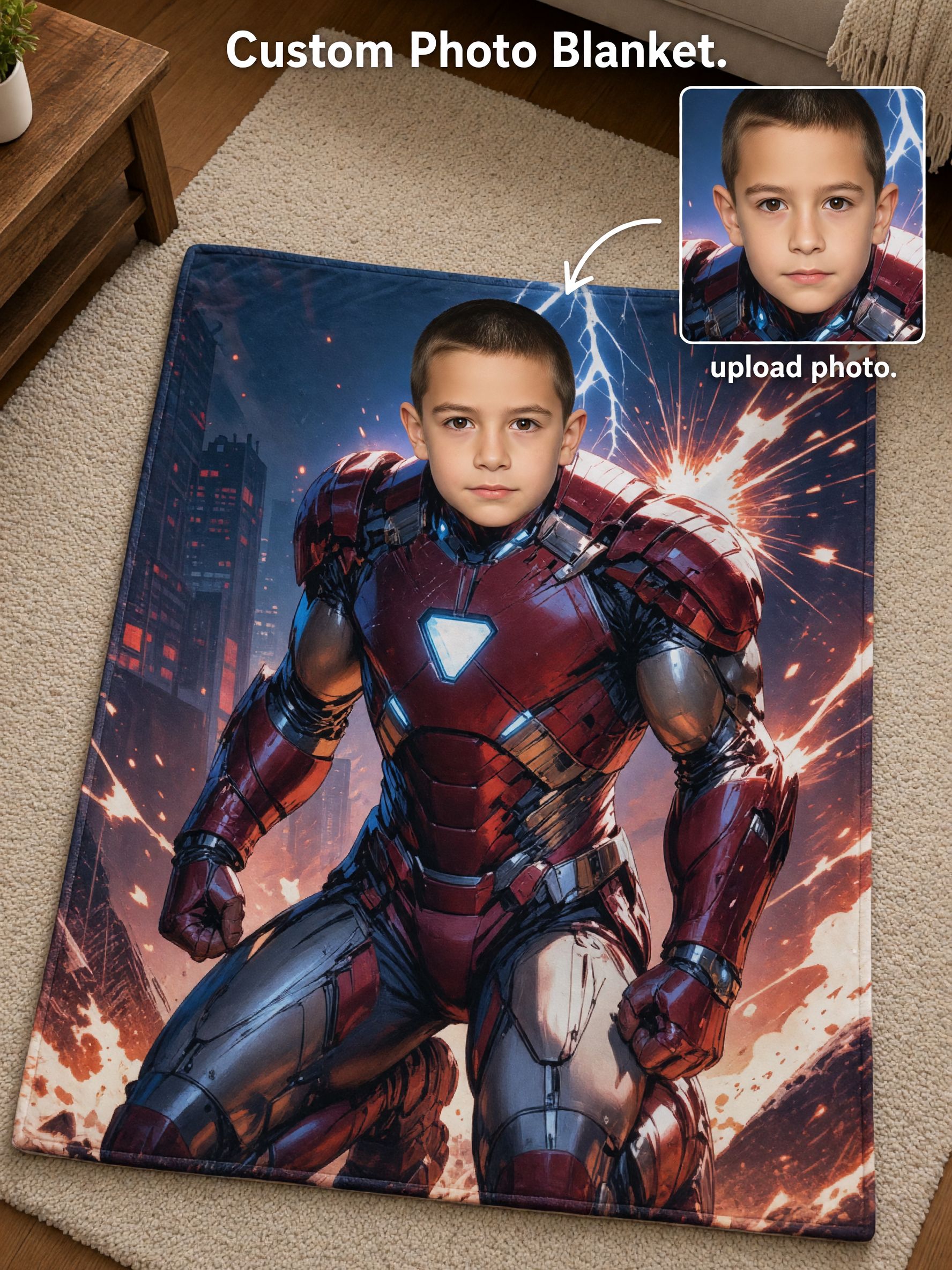 Custom Photo Face Superhero Flannel Throw Blanket Personalized Picture Armored Hero Fleece Bed Couch Cover Warm