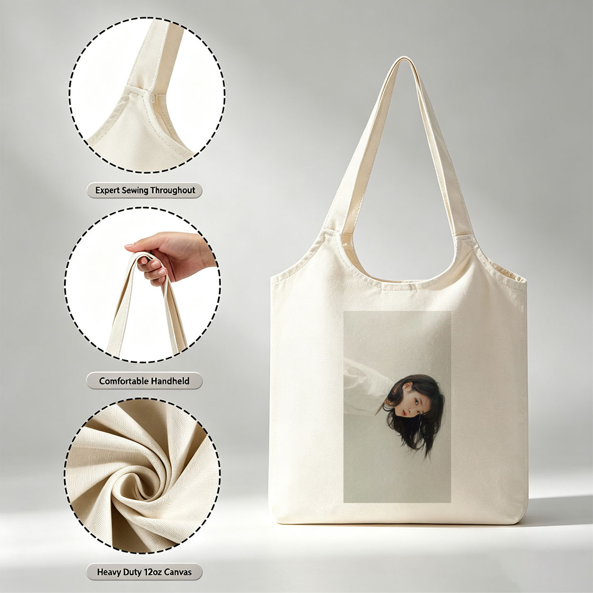 IU in a Minimalist Portrait with Soft Lighting and Neutral Background - Canvas shoulder bags/