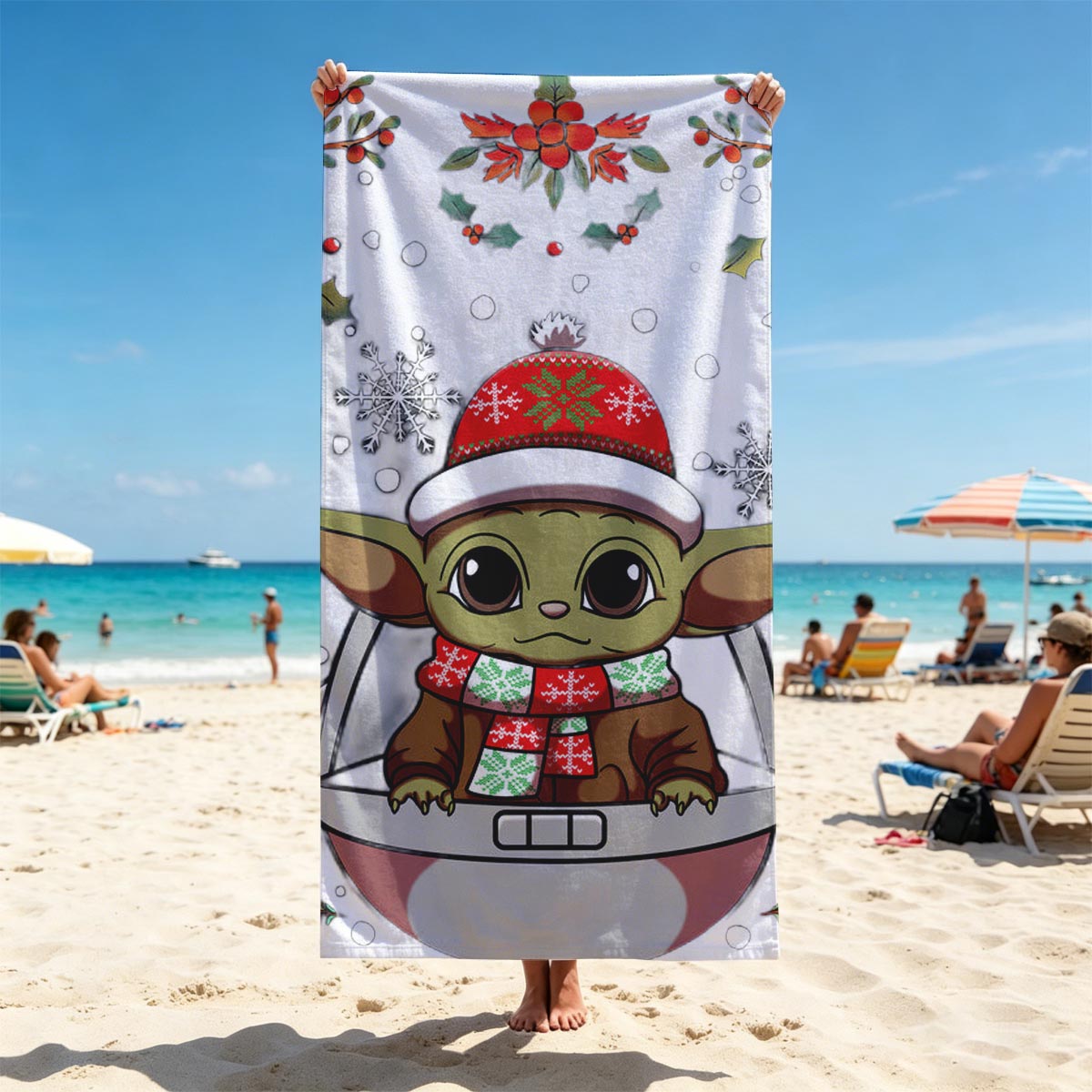 Baby Yoda in Christmas Hat and Scarf, Surrounded by Holiday Decorations - Beach towels
