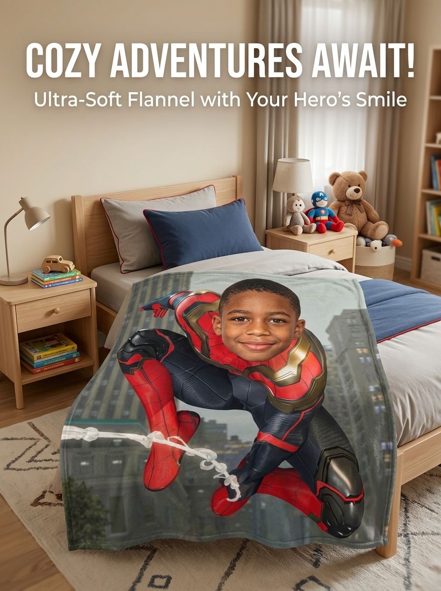 Custom Face Photo Blanket Personalized Superhero Flannel Throw Ultra Soft Fleece Blanket Cozy Gift