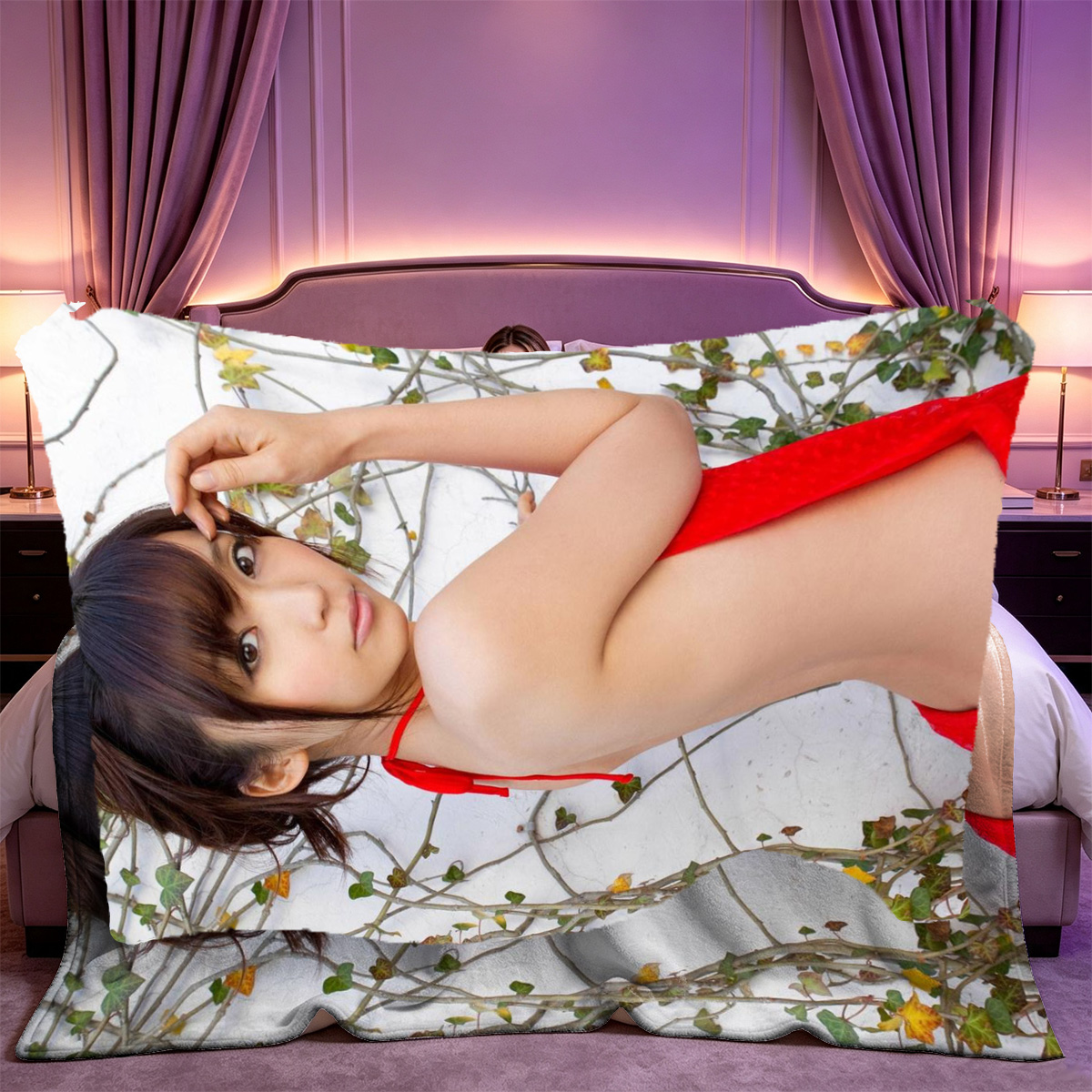 Nude Asian beauty with long dark hair posing seductively indoors - Blanket