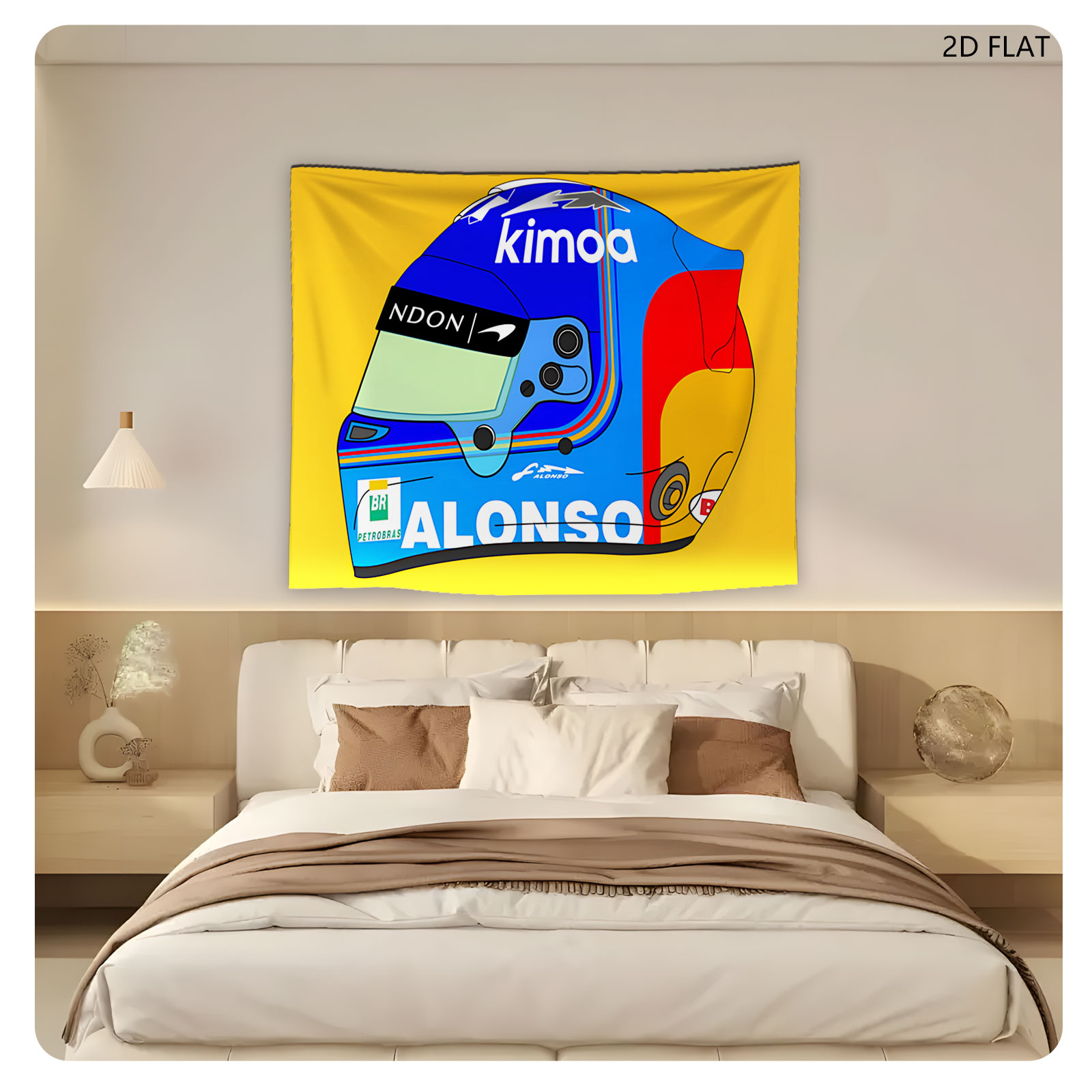 Fernando Alonso Racing Helmet Design Featuring Kimoa and Petrobras Logos - Tapestry