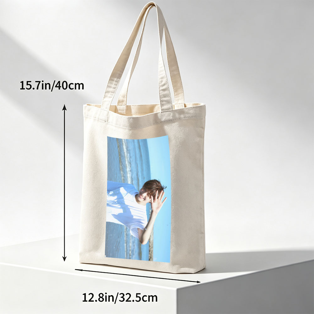BTS Jungkook Beach Scene Smiling and Waving in White T-Shirt - Canvas tote bags