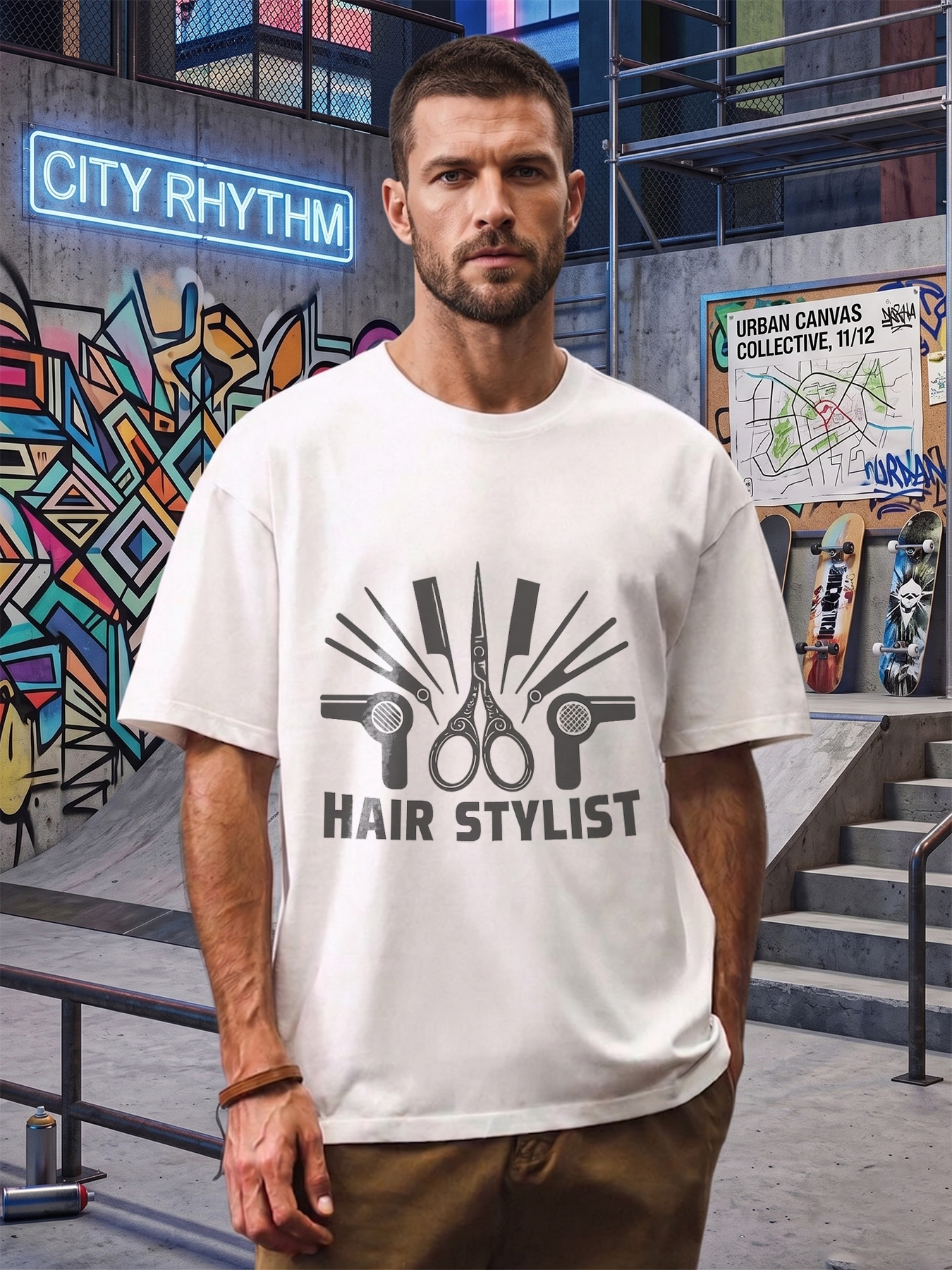 Men's Printed T-Shirt Hair Stylist Scissors & Tools Graphic Casual Round Neck Summer Lightweight Breathable Short Sleeve T-Shirt for Barbers Salon Workers and Hair Care Enthusiasts