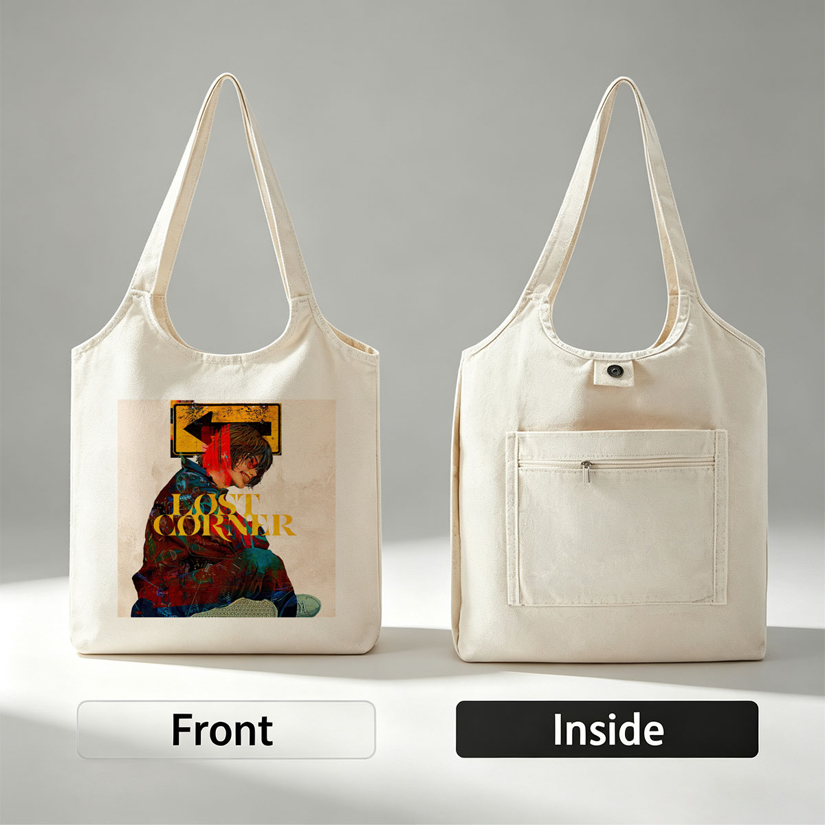 Lost Corner Band in Urban Scene with Graffiti-Style Art and Directional Sign - Canvas shoulder bags/