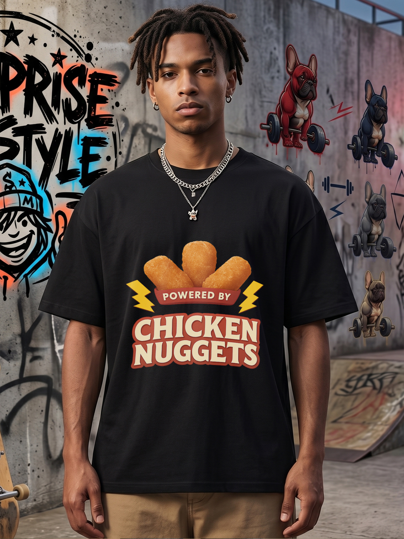 Men's Printed T-Shirt Powered by Chicken Nuggets Graphic Design Casual Round Neck Summer Lightweight Breathable Short Sleeve T-Shirt for Food Lovers and Fun-Loving Adults