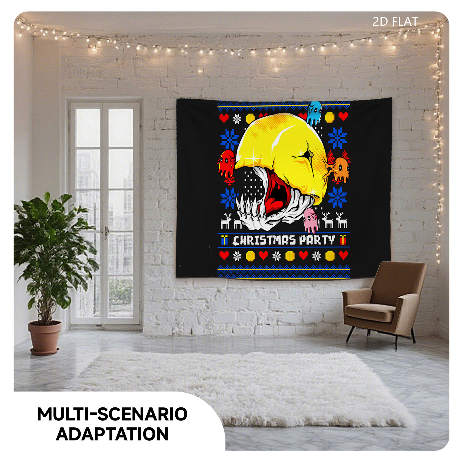 Pac-Man Christmas Party with Ghosts and Holiday Patterns - Tapestry