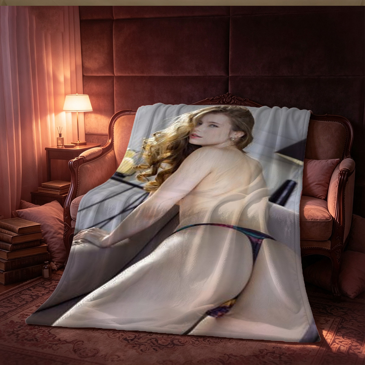Emma Watson nude on purple floor with orange pillows - Blanket