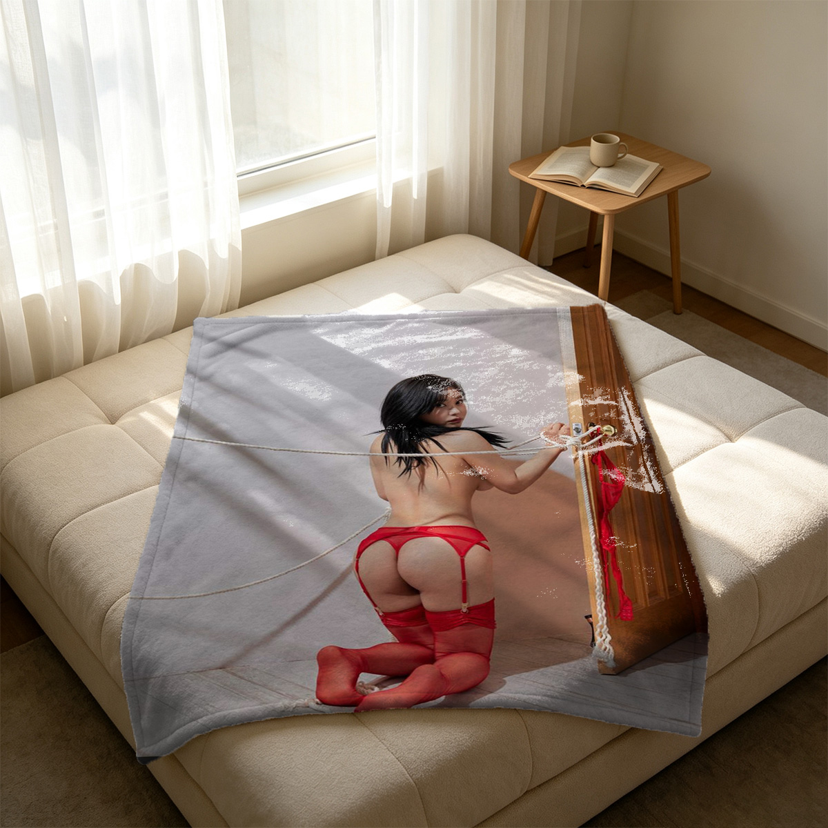 A woman in red heart-shaped lingerie and sheer pantyhose sits on the bedroom floor with legs spread. - Blanket