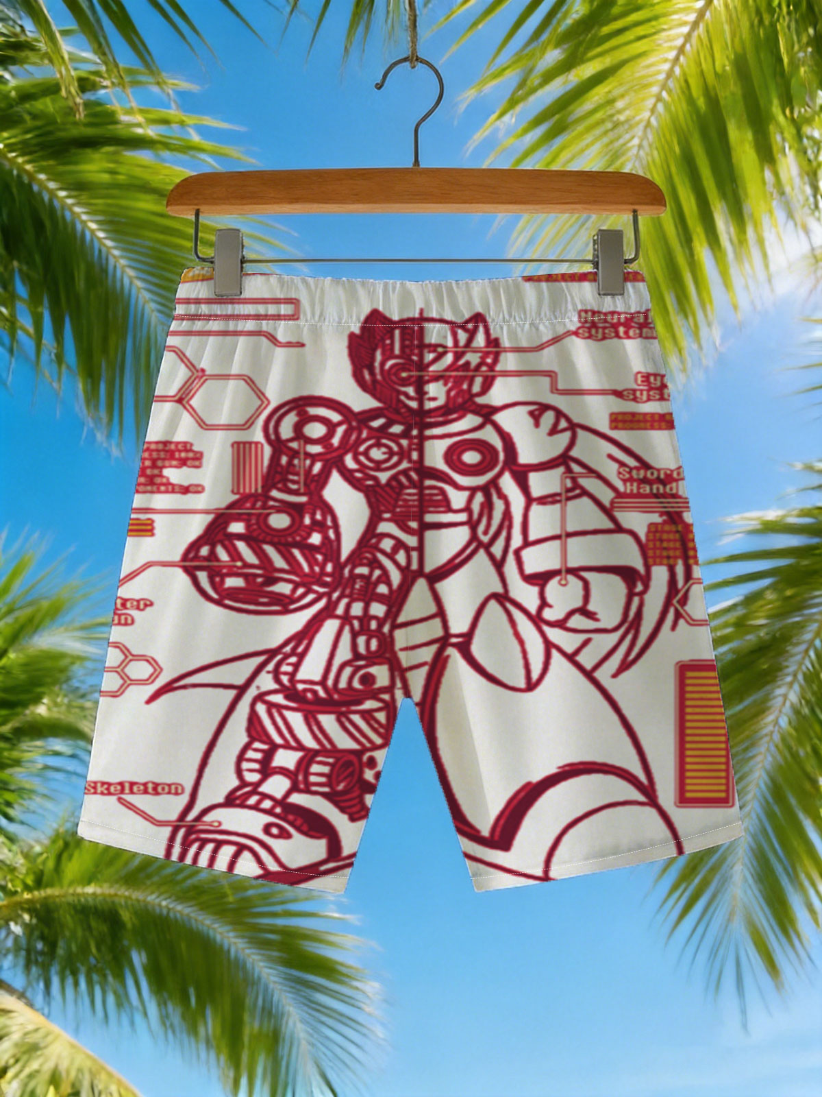 Mega Man Zero: Neural System, Eyes, Sword Hand, Buster Gun, Skeleton - Project A01-Zero 1993 -  Beach shorts