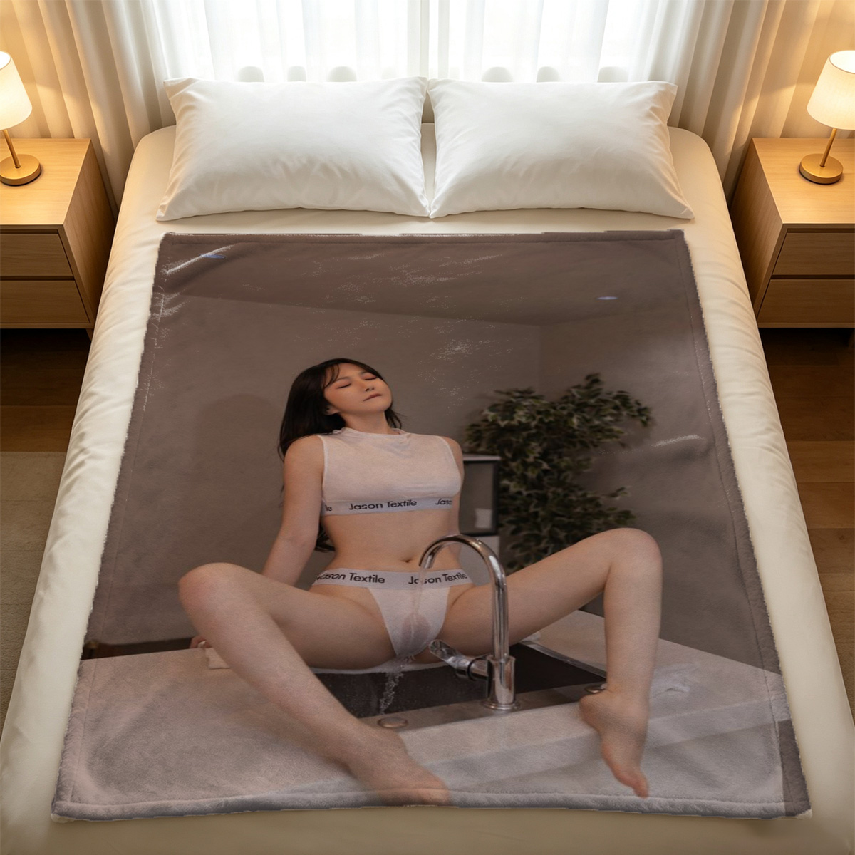 Nude Japanese model on yacht deck - Blanket