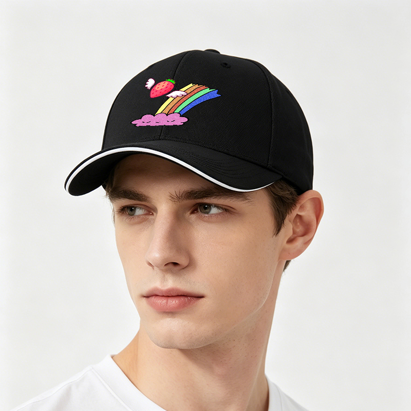 Unisex Classic Sandwich Hat with Strawberry Wings and Rainbow Cloud Print | Perfect for Casual Outings, Festivals, and Everyday Wear | Ideal for Teens and Adults Seeking Fun, Colorful Headwear
