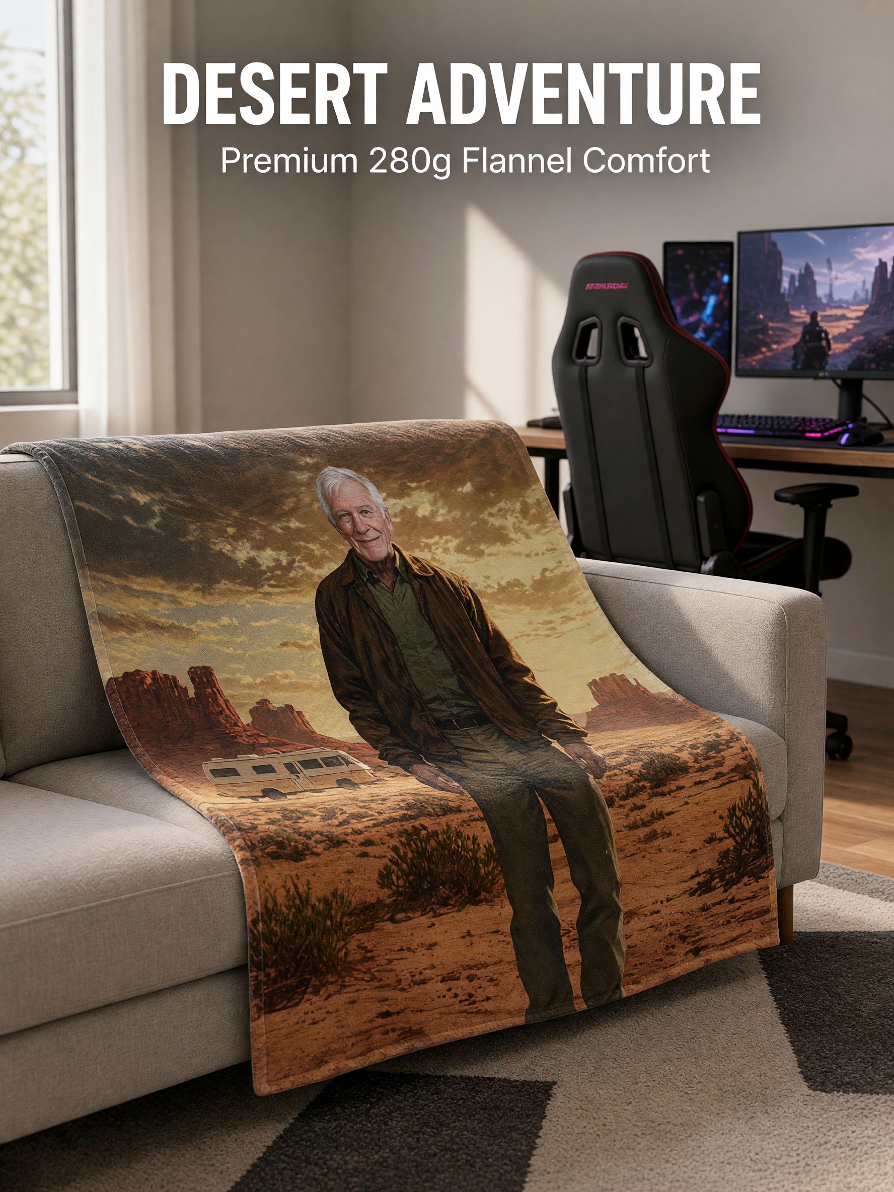 Custom Face Photo Flannel Blanket Personalized Desert Portrait Soft Plush Throw Cover for Bed Sofa Ideal Cozy Gift