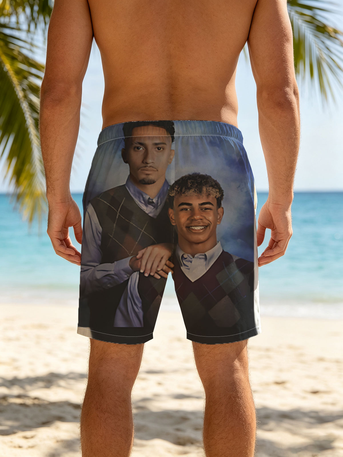 Two Men in Argyle Vests, One Smiling, One Serious, Blue Background -  Beach shorts