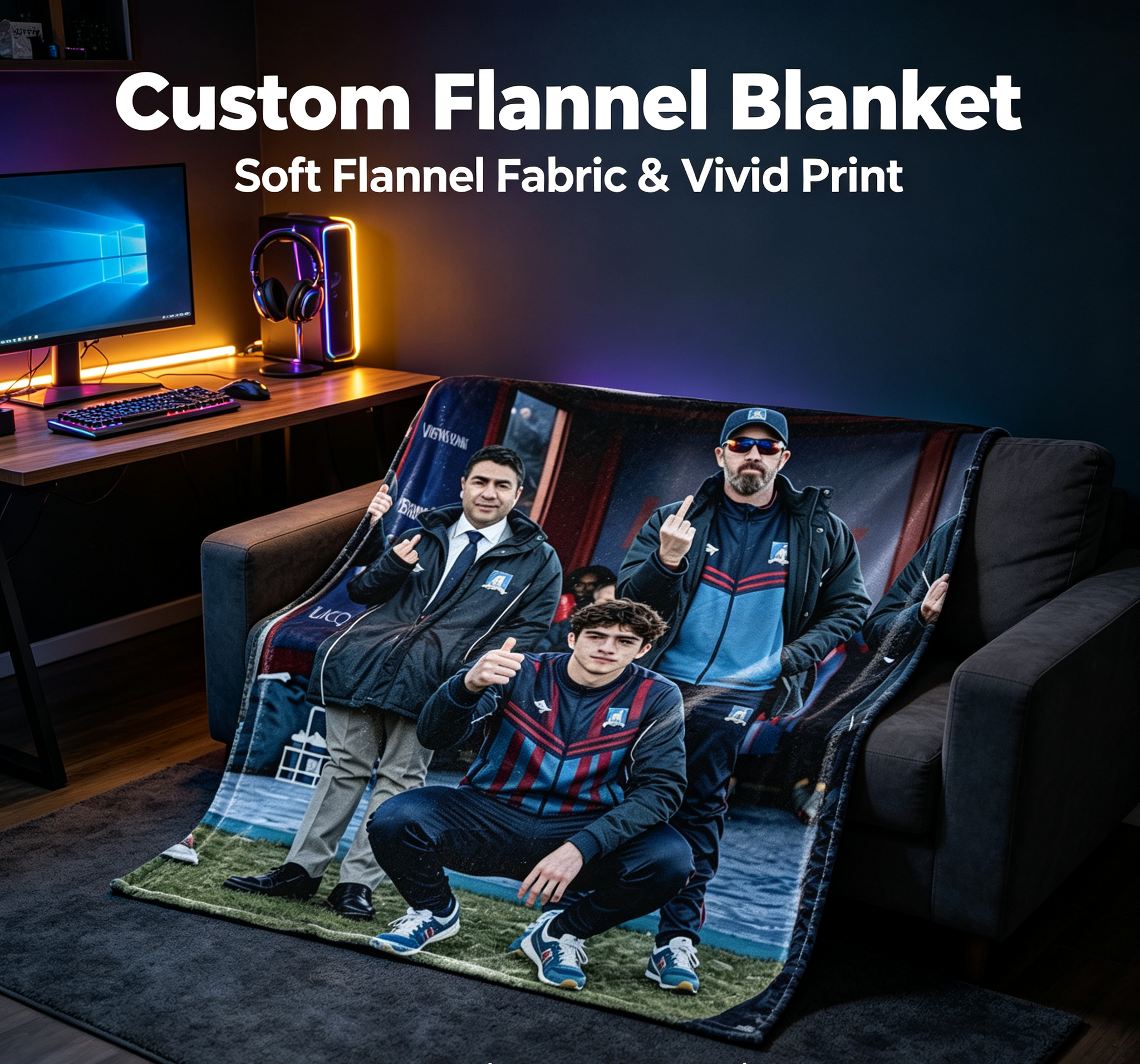 Custom Face Blanket Featuring Football Team Portrait Flannel Blanket for Home Decor and Fan Gifts