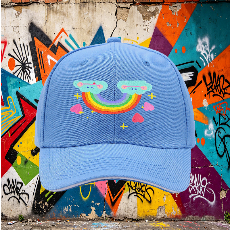 Unisex Classic Sandwich Hat with Rainbow Clouds and Hearts Print - Perfect for Casual Outings, Festivals, and Everyday Wear - Ideal for Teens and Young Adults Seeking Fun, Colorful Accessories