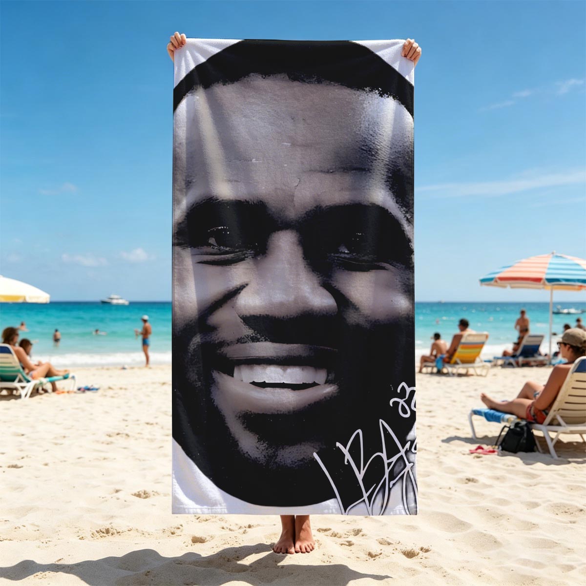 LeBron James Smiling Portrait with Signature - Beach towels