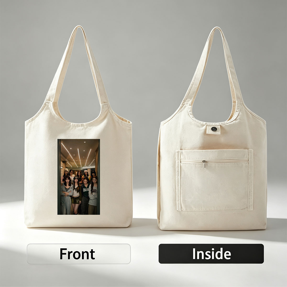 Kep1er Group Photo in Modern Indoor Setting with Casual Streetwear Fashion - Canvas shoulder bags/