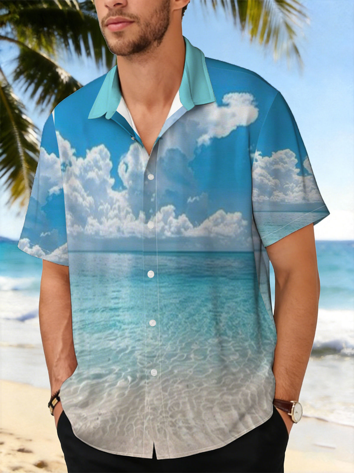 Crystal clear turquoise waters meet soft sandy beach under a vibrant blue sky with fluffy white clouds. -  Shirt