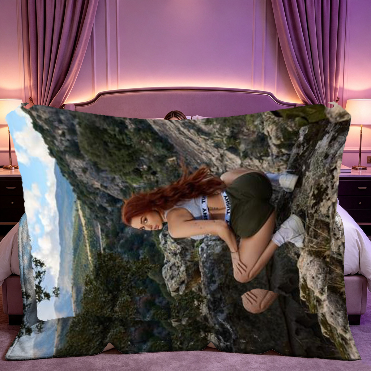 Redhead in Red Lingerie Lounging on Red Chaise Lounge - Blanket