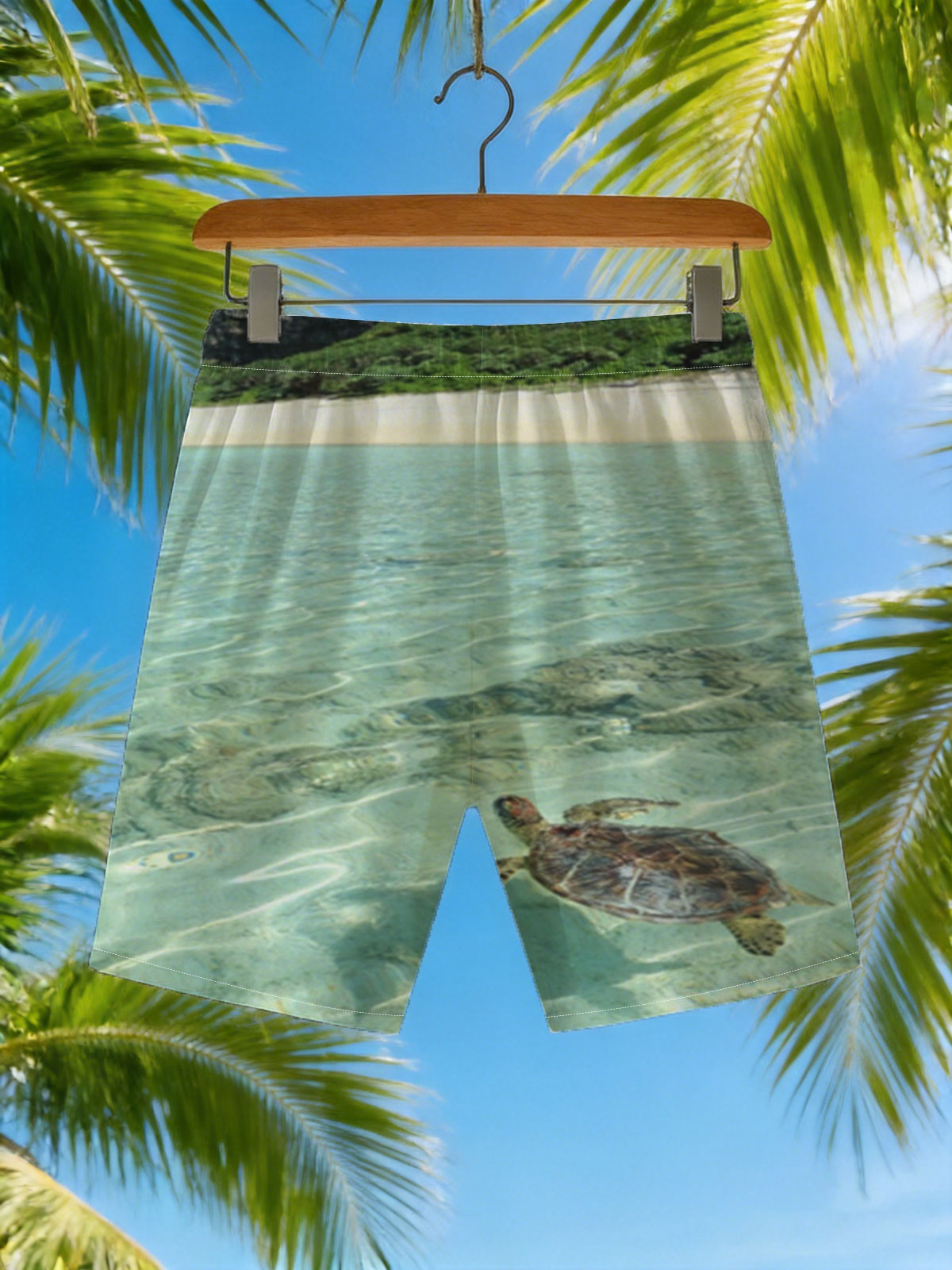 Sea Turtle Swimming in Crystal Clear Waters Near Sandy Beach -  Beach shorts